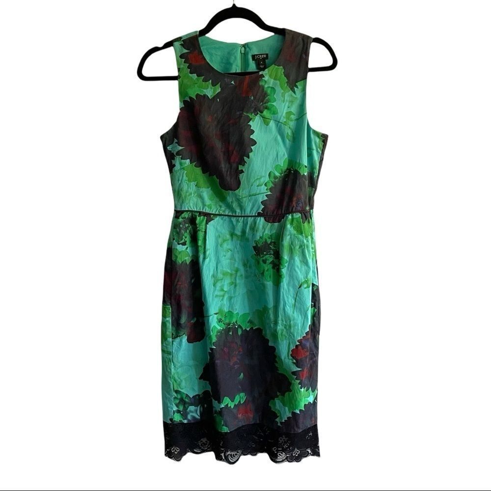 J. CREW Sleeveless Floral Print Cotton Dress Knee Length Green Blue 2